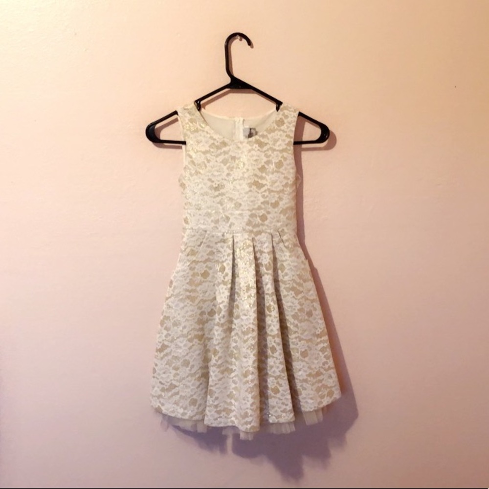 Gold and white formal dress with pockets